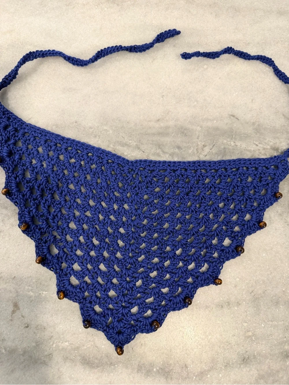 Handmade Crochet Wood Beaded Kerchief Head Scarf Cotton Boho Bandana Cottagecore